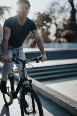 An athletic male takes a break with his bike in a serene park setting, basking in the warm sunlight.