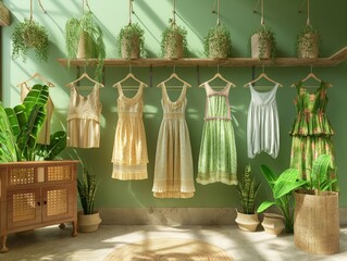 A clothing store with a green wall and hanging clothes. The clothes are all different colors and styles