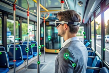 An individual using AR glasses to locate and board an autonomous bus, with virtual indicators showing the bus's route and stops.