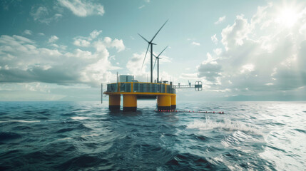 A yellow platform is floating on the ocean