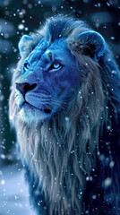 Majestic blue lion in the snow fantasy, regal winter animal, powerful mythical beast in winter