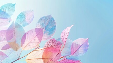 Colorful transparent skeleton leaves on a blue background, with a pastel color palette and space for copy or design. Colorful transparent leaf texture