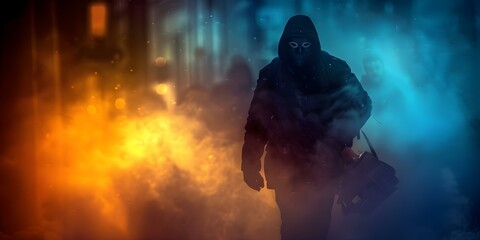 A thief wearing a black mask escapes the city with stolen goods. Concept Crime, Theft, Cityscape, Black Mask, Stolen Goods
