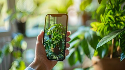 A person holding their phone as they use the augmented reality plant care app to scan their indoor plant.