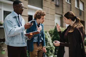 Three business professionals actively engaged in a discussion outdoors. The men hold books and a...