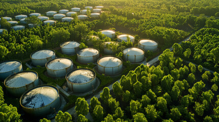 A large field of green trees with many tanks in the background