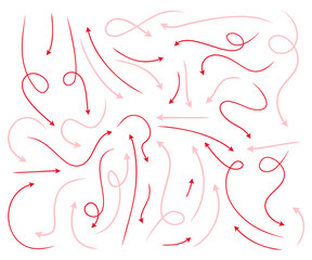 Ręcznie rysowane strzałki w dwóch odcieniach czerwieni. Zestaw wektorowych strzałek wskazujących różne kierunki: dół, prawo, lewo, góra. Strzałki proste, krzywe, zakręcone. © Monika