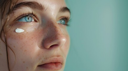 Close up portrait of a woman with freckles and cream on her eye, beauty and skincare concept