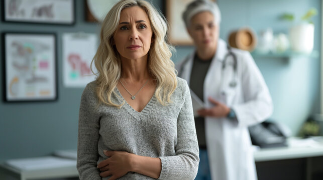 Middle-Aged Woman with LUTS Discomfort Consulting Sympathetic Doctor in Office