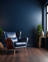 Modern interior of living room with leather armchair on wood flooring and dark blue wall
