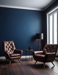 Modern interior of living room with leather armchair on wood flooring and dark blue wall
