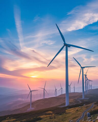 A group of wind turbines are lined up on a hillside