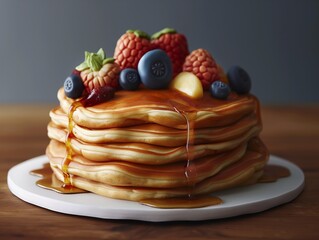 A stack of pancakes with blueberries and strawberries on top. The pancakes are topped with syrup and the berries are arranged in a way that looks like they are dripping