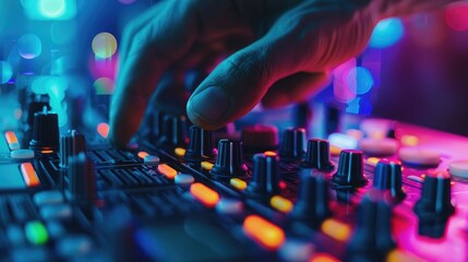 DJ's hand adjusting a mixer on a DJ console with colorful blurred lights in the background