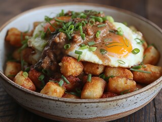 A bowl of food with potatoes, onions, and eggs. The dish is topped with gravy and has a brown sauce