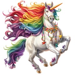 Vibrant unicorn with a multicolored mane and beaded decorations, creating a magical and enchanting fantasy illustration.