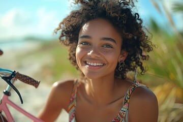 Smiling Woman with Pink Bicycle: Sunny Day Nature Delight