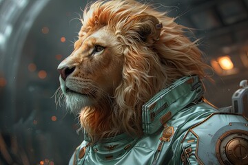 Obraz premium Mint Silk Cyber Lion: Aesthetic Sci-Fi Portrait