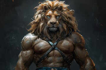 Fototapeta na wymiar Aesthetic Anthro Lion Portrait: Muscular Male in Leather Harness and Shorts