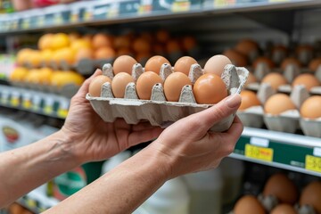 Closeup of hands holding an egg carton in the grocery store, with shelves displaying various eggs and milk products in the background.