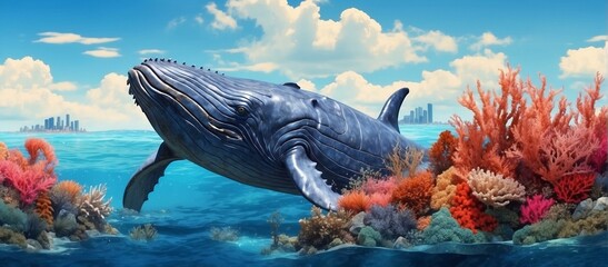 a giant blue whale swimming in a deep beautiful blue ocean reef at an island with fishes, seaweed and corals. turquoise water color. 16:9 4k background wallpaper