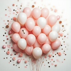 A cluster of pink and white balloons with golden and pink confetti, as well as small flowers scattered around, creating a festive and celebratory atmosphere