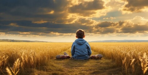 A small boy sitting on the grass, embodying the essence of childhood and friendship.