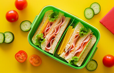A cute lunch box with ham and vegetables, simple background, top view, commercial photography, solid color background,