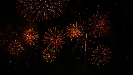 Golden Firework celebrate anniversary happy new year 2024, 4th of july holiday festival. Gold...