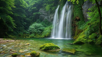 Obraz premium A tranquil forest scene with tall trees, colorful underbrush, and a gentle morning mist creating a calm and serene environment perfect for nature backgrounds. Illustration