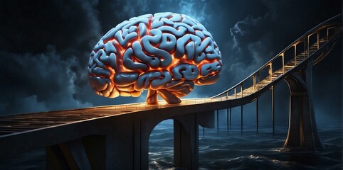 3d brain walking on bridge with light effect on black background