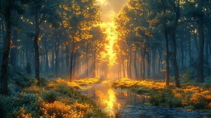 Obraz premium A tranquil forest scene with tall trees, colorful underbrush, and a gentle morning mist creating a calm and serene environment perfect for nature backgrounds. Illustration