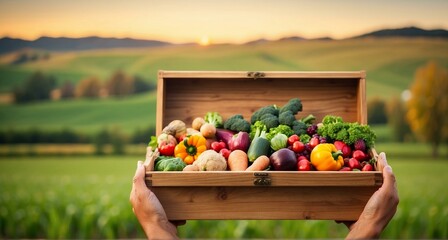 A male farmer in the vegetable field holding a wooden box filled with beautiful organic vegetables.