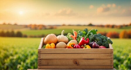 An organic farmer's hand holding a wooden box of fresh vegetables in the field.