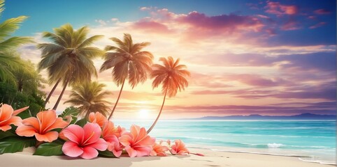 A serene beach landscape in the afternoon, adorned with swaying coconut trees under the gentle sun.