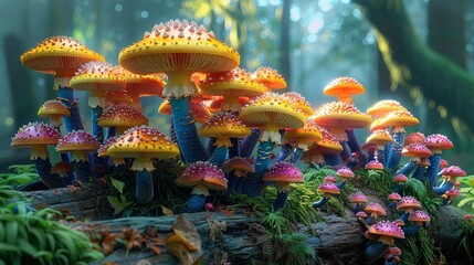 Brightly colored mushrooms growing on a fallen log in a quiet forest, with the soft morning light highlighting their intricate details and vibrant hues. Illustration image,