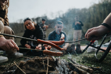 Group of friends gathered around a campfire, roasting hotdogs on sticks, enjoying an outdoor...