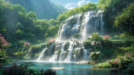 Cascading waterfall in a forested mountain area with water tumbling down rocks and creating a misty spray, surrounded by lush plants and flowers. Illustration image,