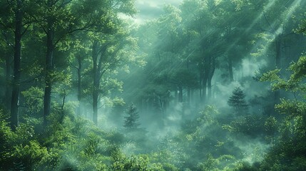 Early morning fog enveloping a forest, with the soft light creating a dreamy and ethereal scene perfect for a calm and peaceful background. Illustration image,
