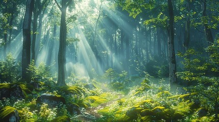 Obraz premium Early morning mist in a dense forest, with sunlight filtering through the trees and creating an ethereal and dreamy landscape perfect for peaceful backgrounds. Illustration
