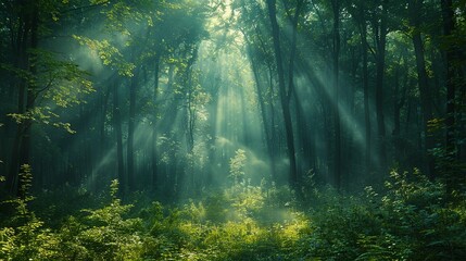 Early morning mist in a dense forest, with sunlight filtering through the trees and creating an ethereal and dreamy landscape perfect for peaceful backgrounds. Illustration