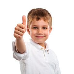 Portrait of smiling boy showing thumbs up isolated on transparent background
