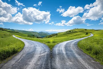 Fork in the road with two different paths leading to distant horizon, blue sky and white clouds, green grass on both sides of the asphalt road, beautiful landscape with hills and trees