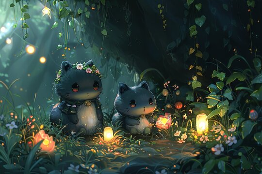Cute Creatures Rendezvous: Enchanting Cave of Light and Detail