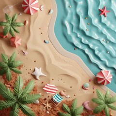 Summer holiday background. top view 3d beach clay style, copy space for your text.
