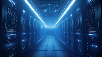 High-Tech Server Room with Blue Lights and Data Racks