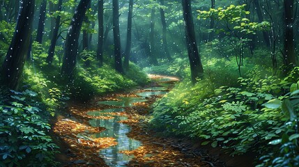 Obraz premium Rain-soaked forest path, with glistening leaves and fresh rain droplets enhancing the vibrant green foliage and serene atmosphere. Illustration image,