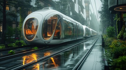 Futuristic Glass Train in Rainy Urban Setting