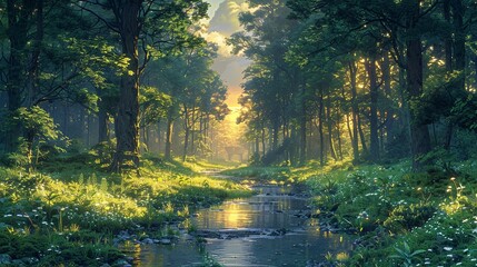 Serene forest scene with tall trees, a gentle stream, and the soft light of dawn creating a peaceful and tranquil atmosphere. Illustration image,