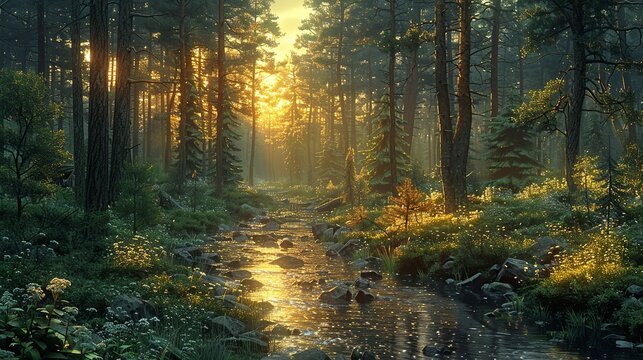 Serene forest scene with tall trees, a gentle stream, and the soft light of dawn creating a peaceful and tranquil atmosphere. Illustration image,